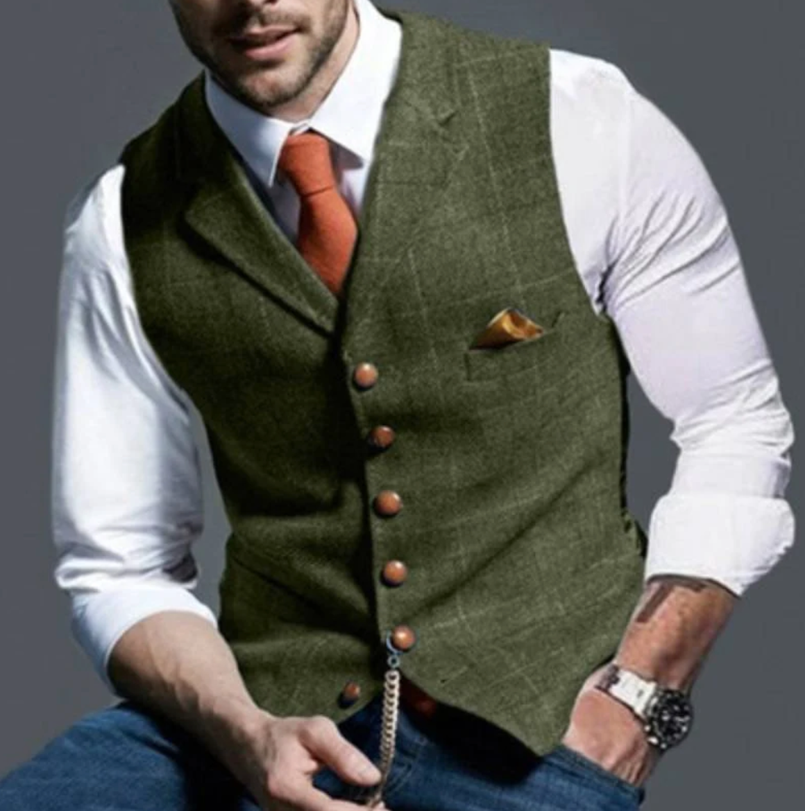 NOUVEAU RICHE Klassische Weste Herren V-Ausschnitt für formelle Anlässe – Schwarz Olive