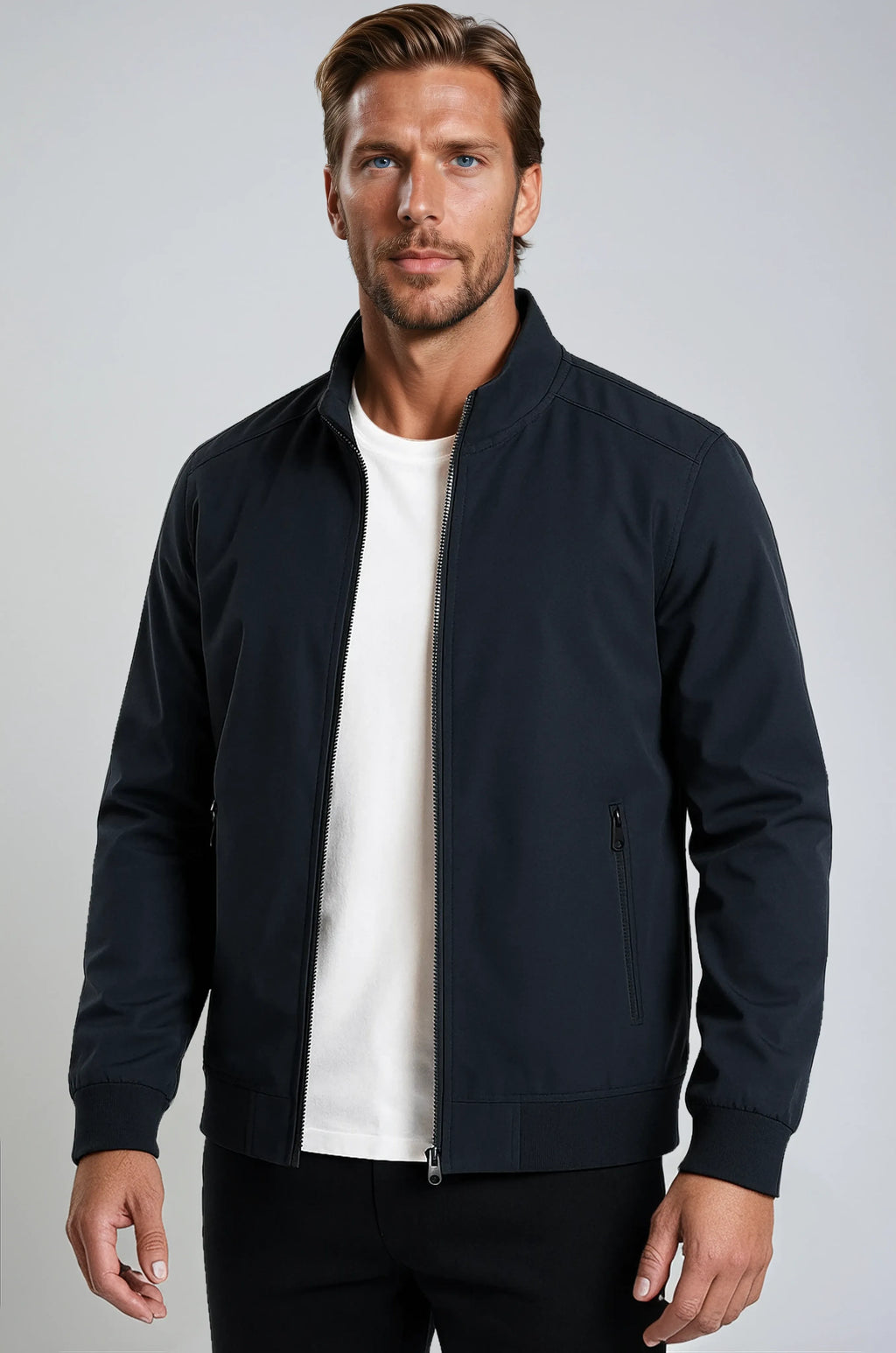 NOUVEAU RICHE Klassische Dunkelblaue Bomberjacke Für Herren Mit Reißverschluss Leichte Übergangsjacke Aus Strapazierfähigem Polyester Mit Taschen Und Gerippten Kanten XXL