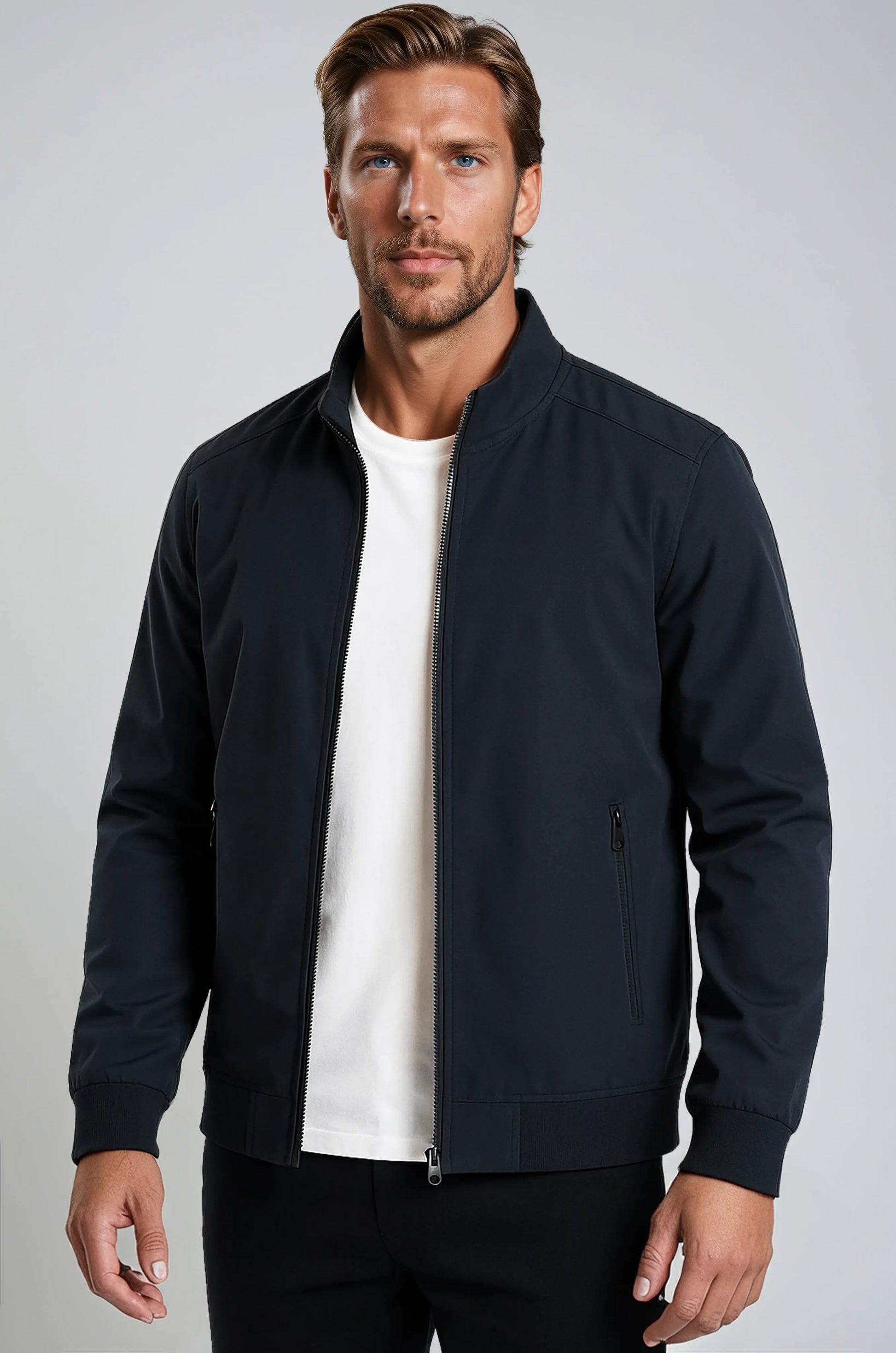 NOUVEAU RICHE Klassische Dunkelblaue Bomberjacke Für Herren Mit Reißverschluss Leichte Übergangsjacke Aus Strapazierfähigem Polyester Mit Taschen Und Gerippten Kanten XXL