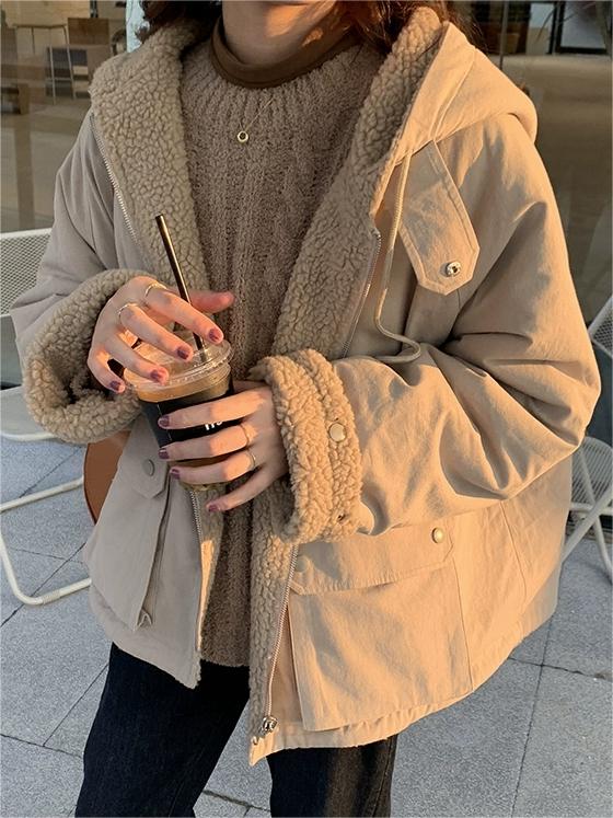 NOUVEAU RICHE Klassische Einfarbige Wendejacke Mit Kapuze Reißverschluss Aprikose