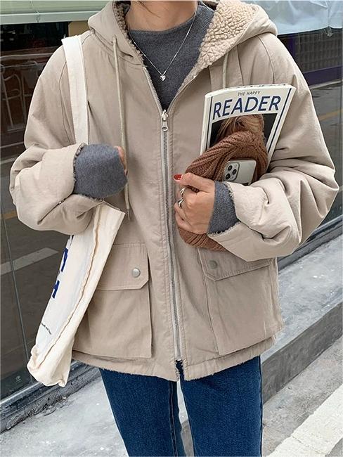 NOUVEAU RICHE Klassische Einfarbige Wendejacke Mit Kapuze Reißverschluss