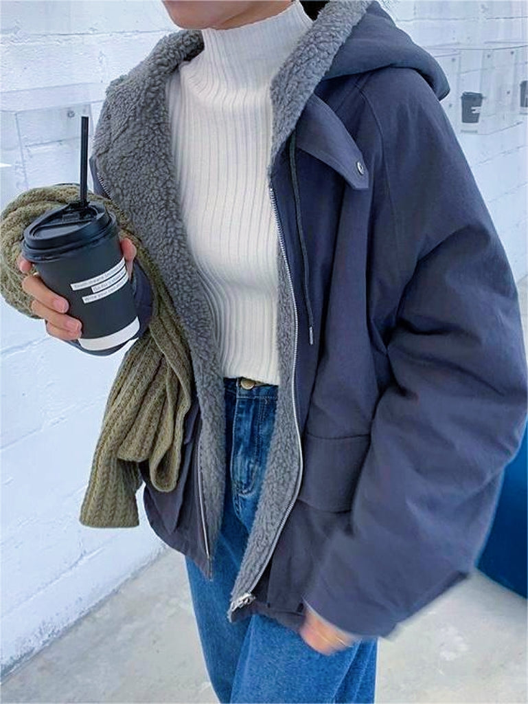 NOUVEAU RICHE Klassische Einfarbige Wendejacke Mit Kapuze Reißverschluss Blau