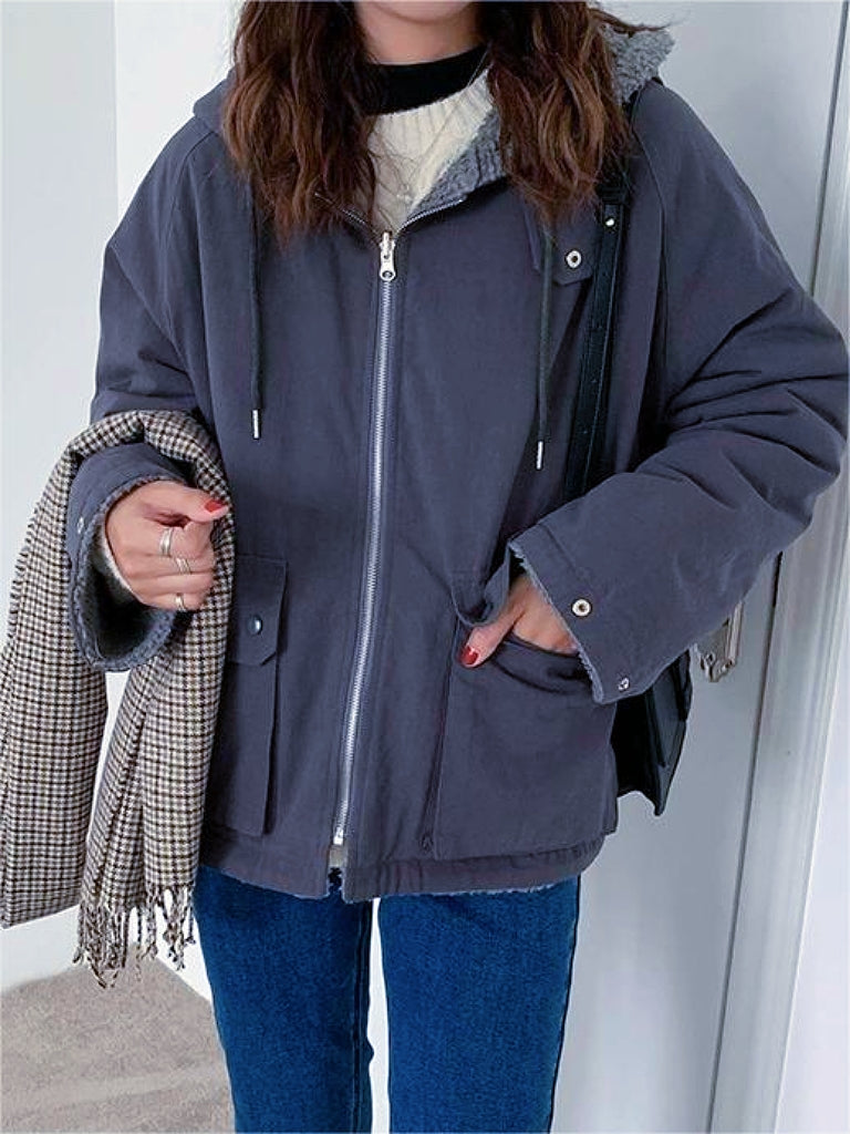 NOUVEAU RICHE Klassische Einfarbige Wendejacke Mit Kapuze Reißverschluss