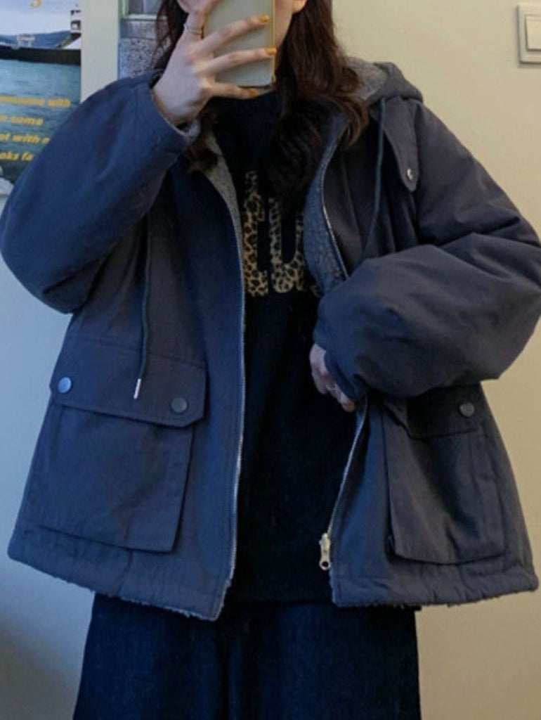 NOUVEAU RICHE Klassische Einfarbige Wendejacke Mit Kapuze Reißverschluss