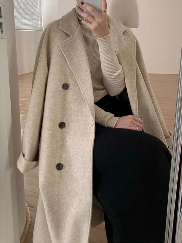 NOUVEAU RICHE Klassischer Zweireihiger Langmantel Mit Reverskragen Gürtel Beige