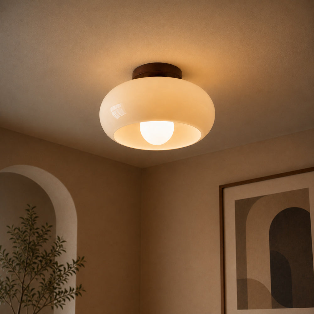 NOUVEAU RICHE Klassische Bauhaus-Deckenleuchte – Deckenlampe mit Cremefarbenem Glas & Metallsockel, Flach, Warmweiss, Ø20 / Ø28 cm Ø20cm