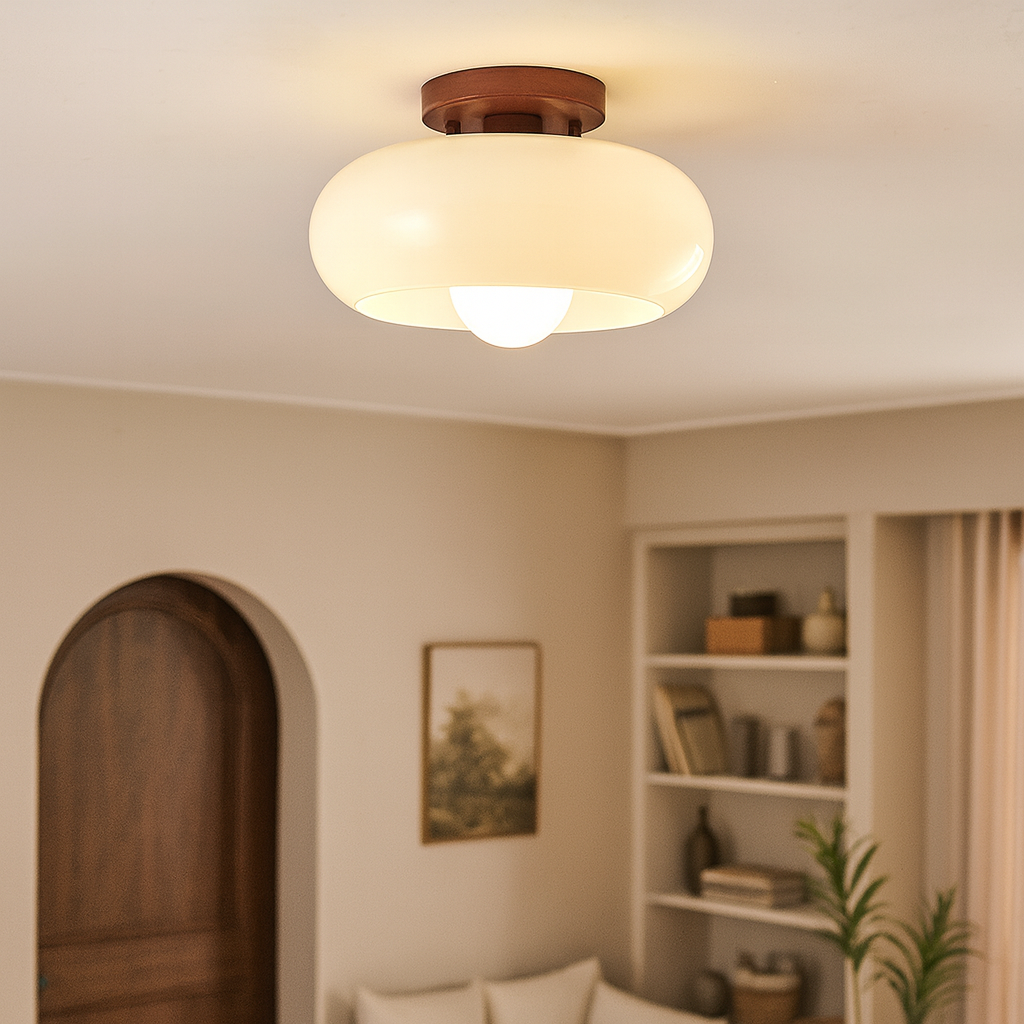 NOUVEAU RICHE Klassische Bauhaus-Deckenleuchte – Deckenlampe mit Cremefarbenem Glas & Metallsockel, Flach, Warmweiss, Ø20 / Ø28 cm