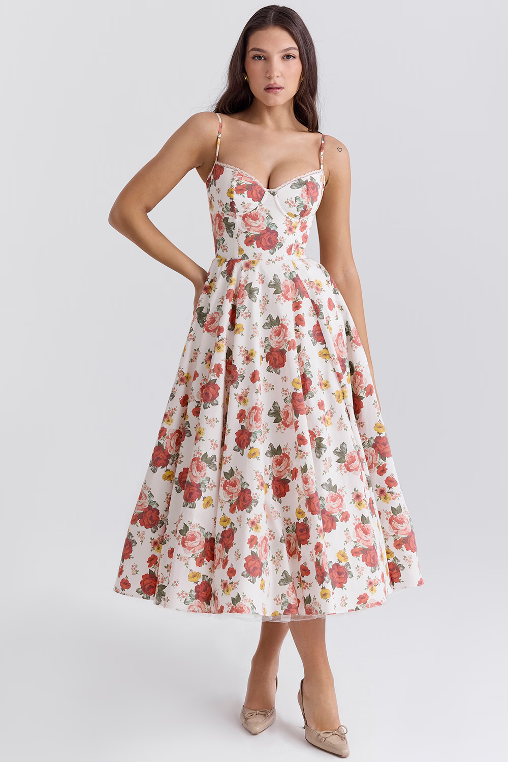 NOUVEAU RICHE Kleid Schlankmachendes Herzogssatin Powermesh Taillekomfort Blume