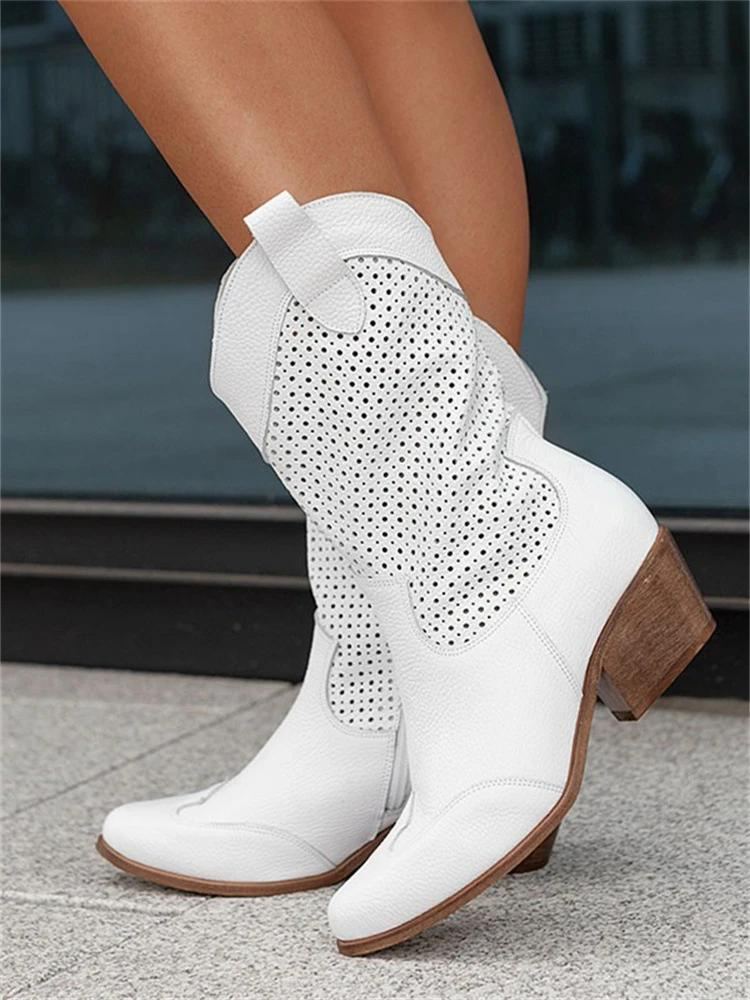 NOUVEAU RICHE Kniehohe Cowgirl-Stiefel für Damen – Mittelhoher Absatz & bestickte Nähte Weiß
