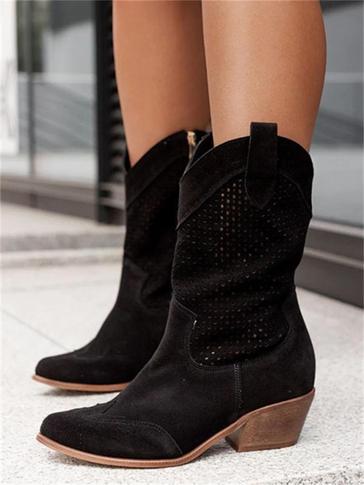 NOUVEAU RICHE Kniehohe Cowgirl-Stiefel für Damen – Mittelhoher Absatz & bestickte Nähte Schwarz