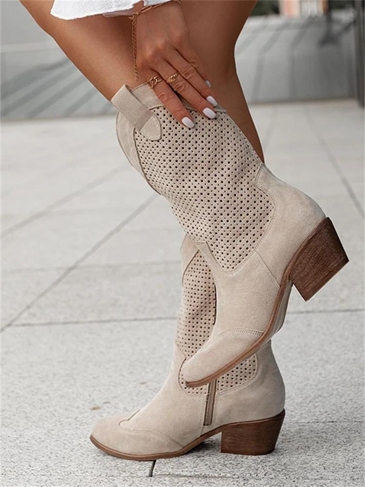 NOUVEAU RICHE Kniehohe Cowgirl-Stiefel für Damen – Mittelhoher Absatz & bestickte Nähte Khaki
