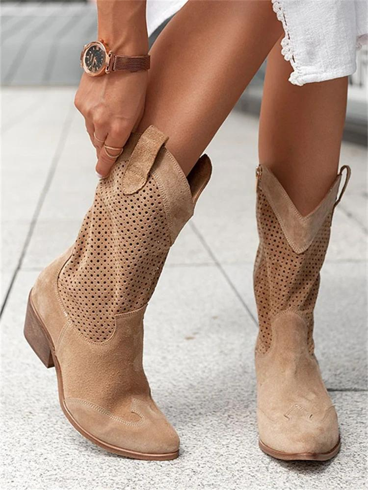 NOUVEAU RICHE Kniehohe Cowgirl-Stiefel für Damen – Mittelhoher Absatz & bestickte Nähte Braun