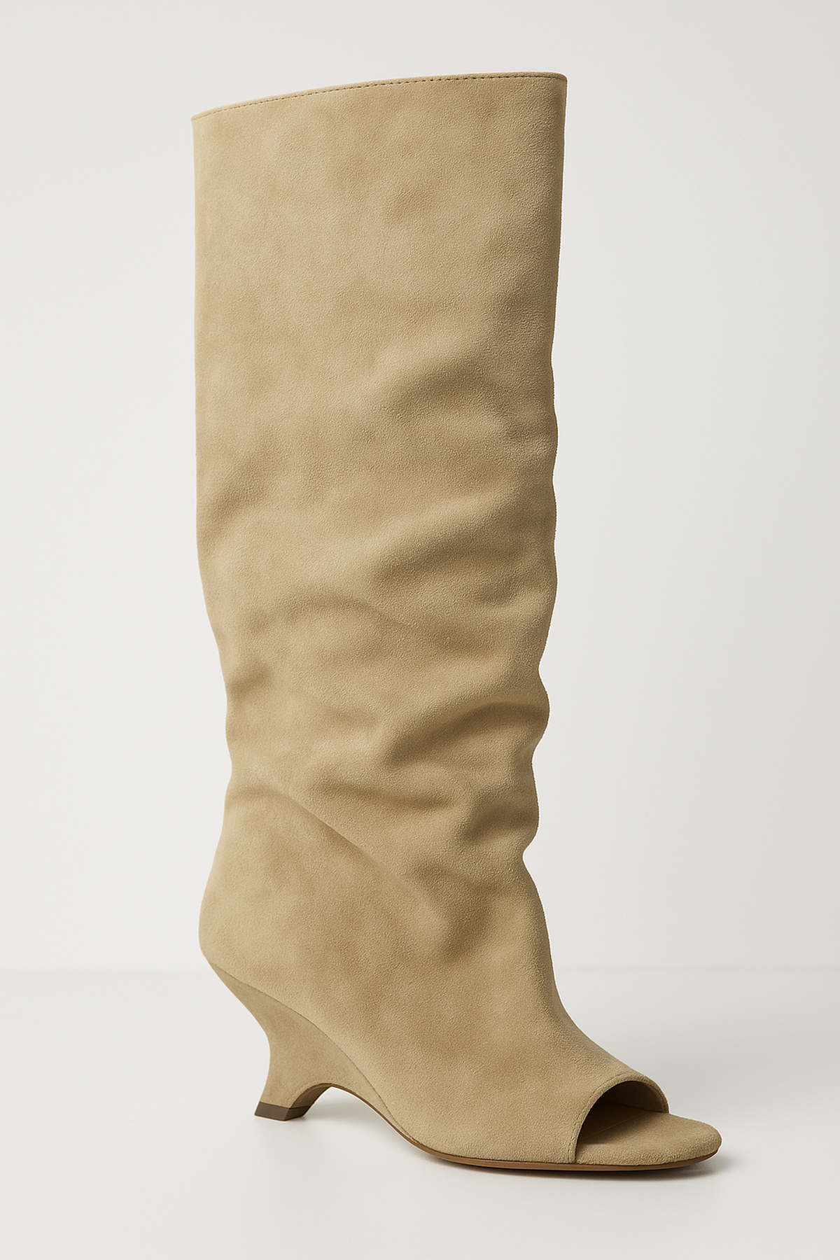 NOUVEAU RICHE Damen Kniehohe Stiefel mit Peep Toe aus Wildlederimitat Beige
