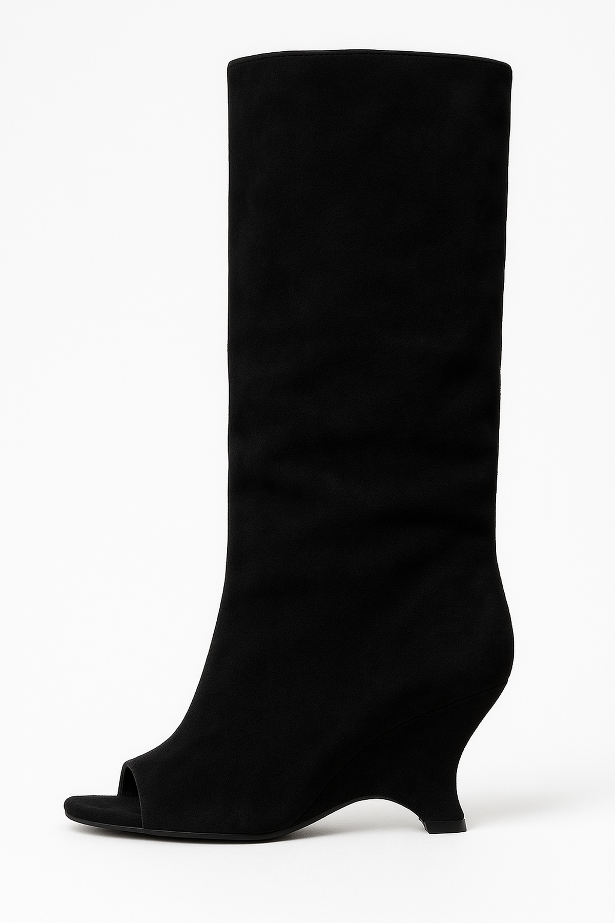 NOUVEAU RICHE Damen Kniehohe Stiefel mit Peep Toe aus Wildlederimitat Schwarz