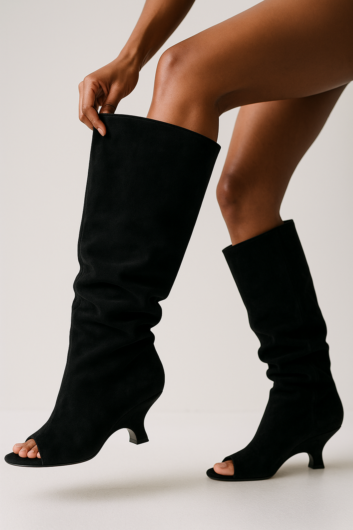 NOUVEAU RICHE Damen Kniehohe Stiefel mit Peep Toe aus Wildlederimitat