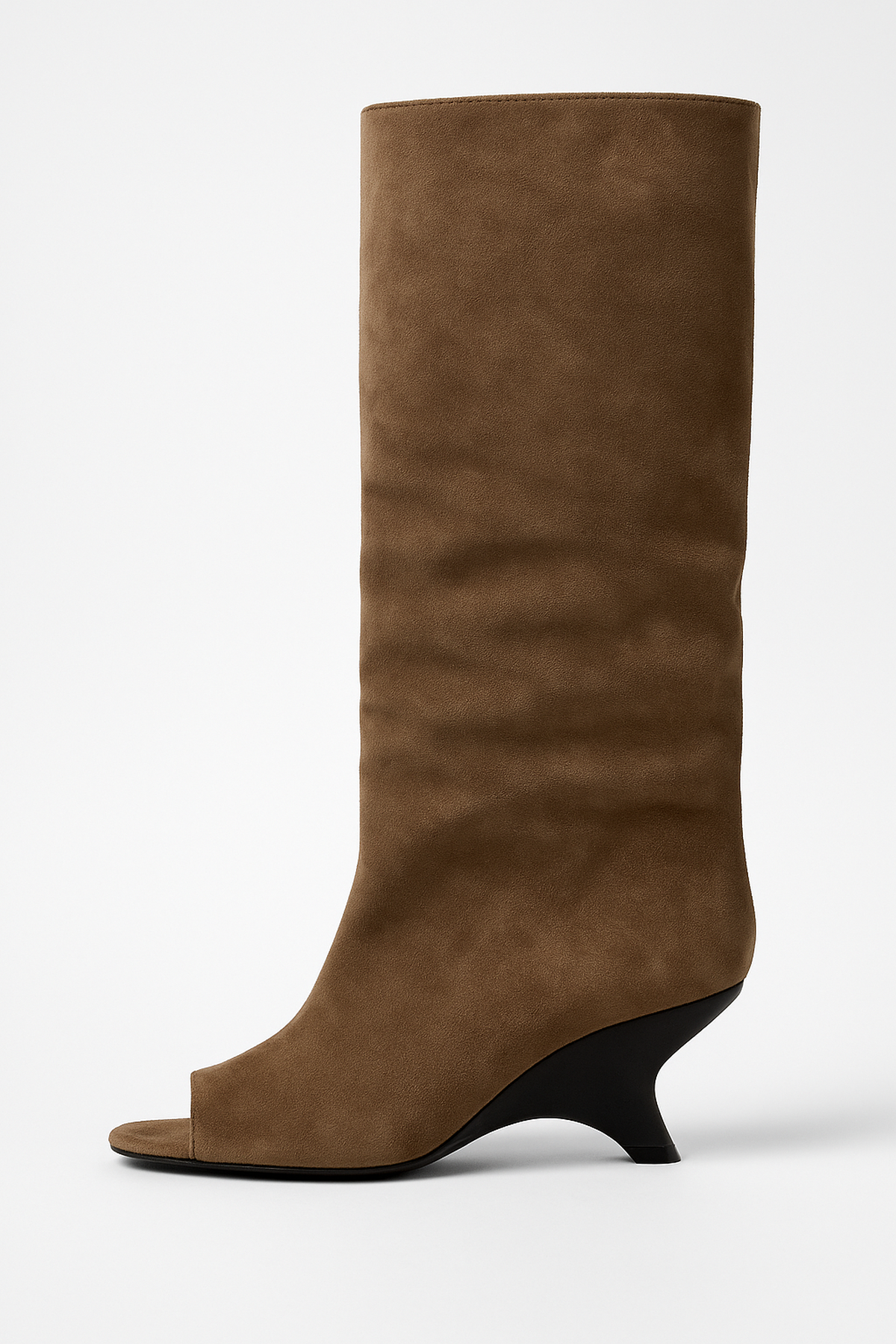 NOUVEAU RICHE Damen Kniehohe Stiefel mit Peep Toe aus Wildlederimitat Braun