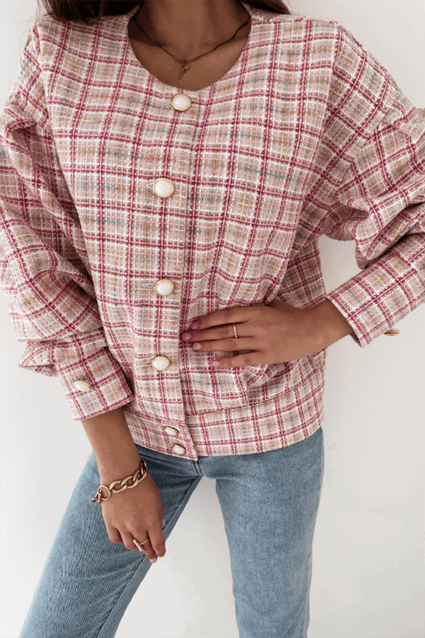 NOUVEAU RICHE Knopfjacke Karo Jacke Freizeit Mit Rundhals-Ausschnitt