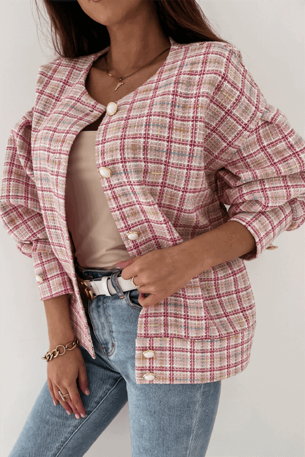 NOUVEAU RICHE Knopfjacke Karo Jacke Freizeit Mit Rundhals-Ausschnitt