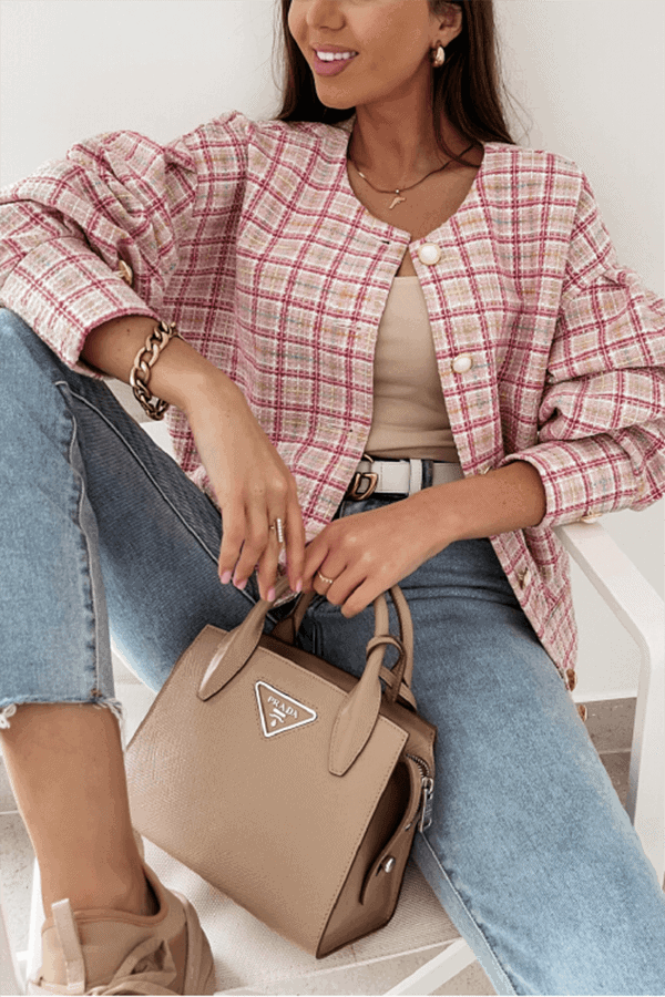 NOUVEAU RICHE Knopfjacke Karo Jacke Freizeit Mit Rundhals-Ausschnitt Rosa