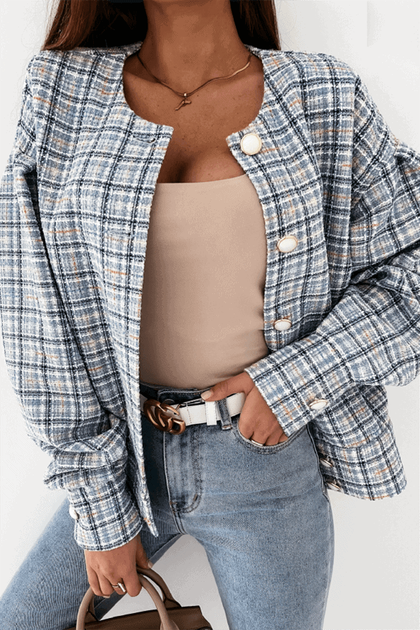 NOUVEAU RICHE Knopfjacke Karo Jacke Freizeit Mit Rundhals-Ausschnitt Blau