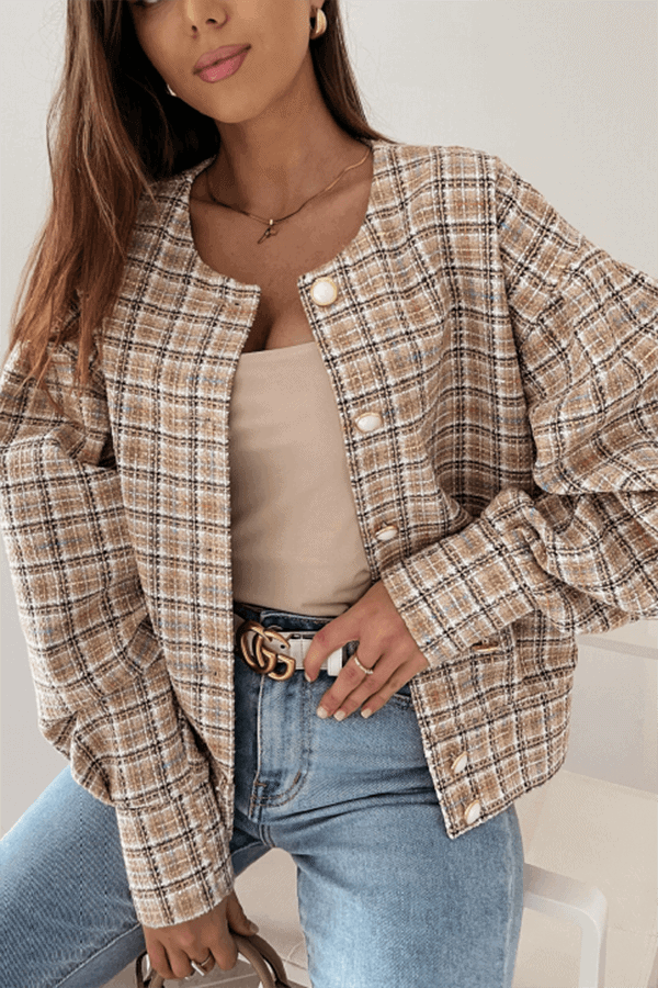 NOUVEAU RICHE Knopfjacke Karo Jacke Freizeit Mit Rundhals-Ausschnitt