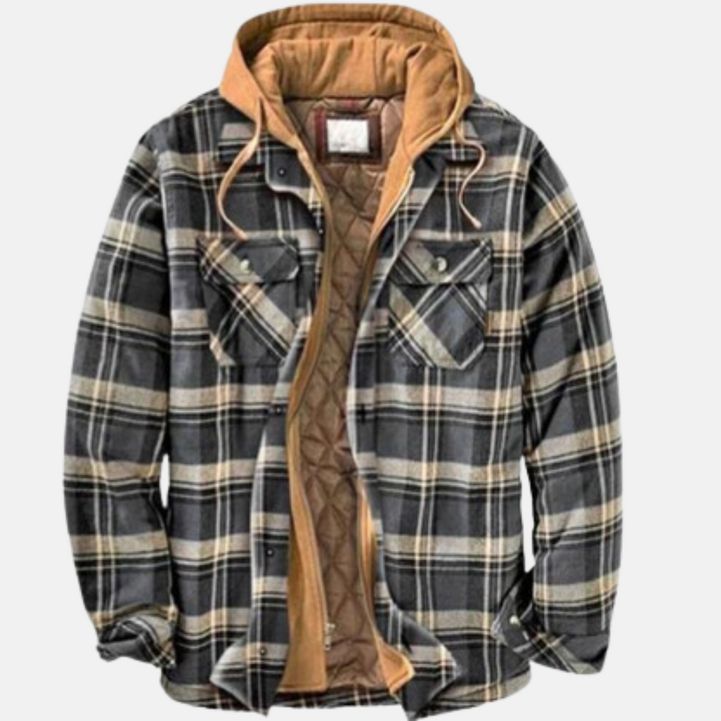 NOUVEAU RICHE Karierte Herrenjacke mit Kapuze – Hemdjacke mit gestepptem Futter & Reissverschluss, Overshirt, S–5XL – Calico Grau