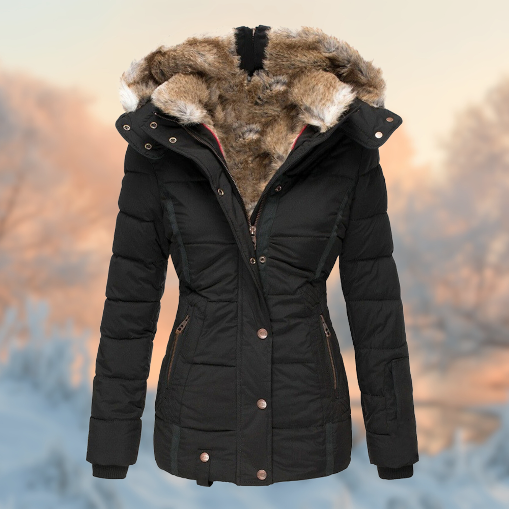 NOUVEAU RICHE Damen Winterjacke Gepolsterte Jacke Mit Warmem Plüschfutter Schwarz