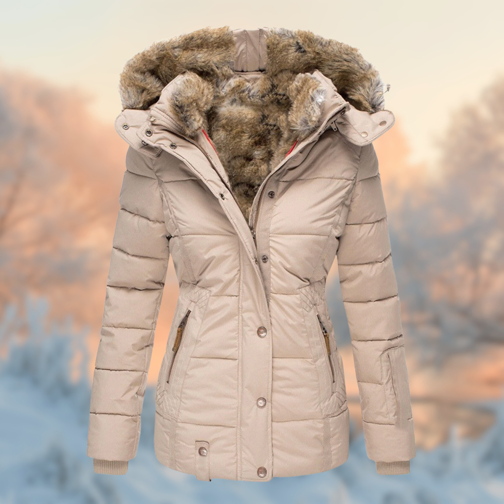 NOUVEAU RICHE Damen Winterjacke Gepolsterte Jacke Mit Warmem Plüschfutter Beige