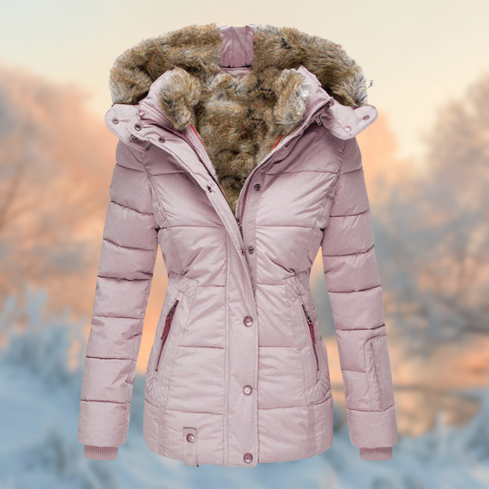 NOUVEAU RICHE Damen Winterjacke Gepolsterte Jacke Mit Warmem Plüschfutter Rosa