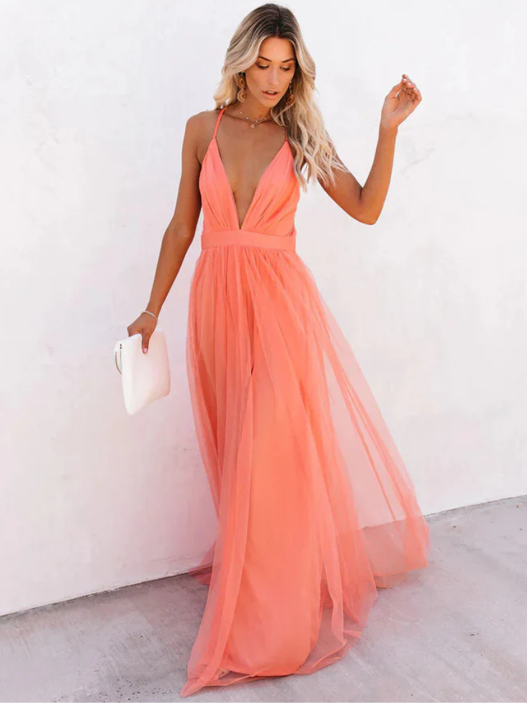 NOUVEAU RICHE Korallenrosa Tüllkleid Mit A Linie Und Taillenschnitt Korallenrosa