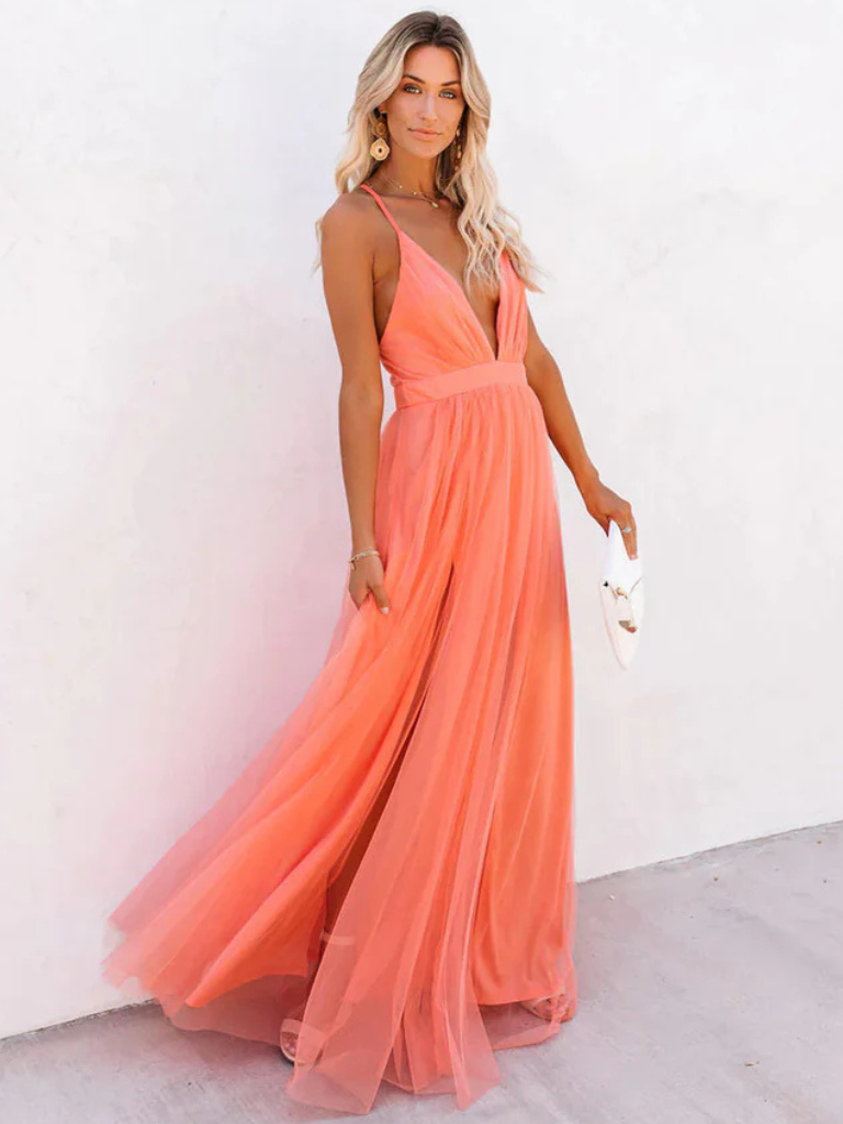 NOUVEAU RICHE Korallenrosa Tüllkleid Mit A Linie Und Taillenschnitt