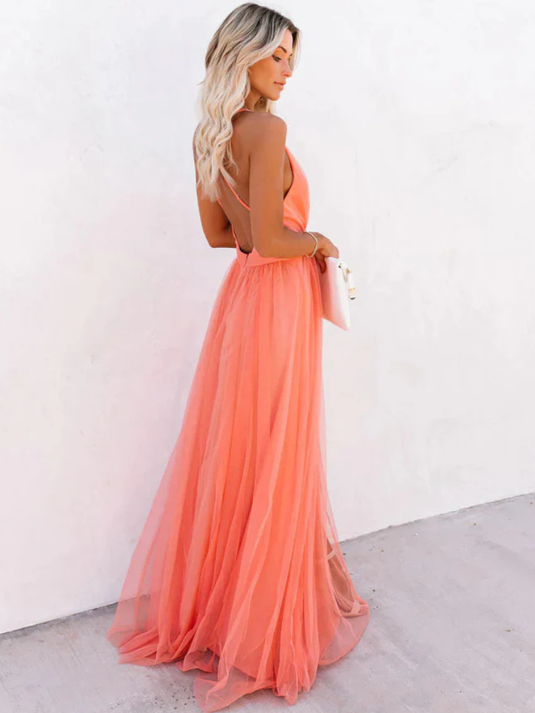 NOUVEAU RICHE Korallenrosa Tüllkleid Mit A Linie Und Taillenschnitt