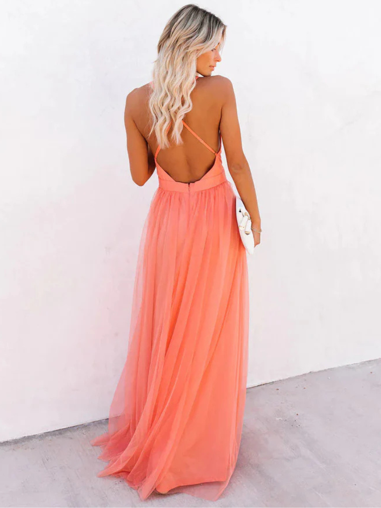 NOUVEAU RICHE Korallenrosa Tüllkleid Mit A Linie Und Taillenschnitt