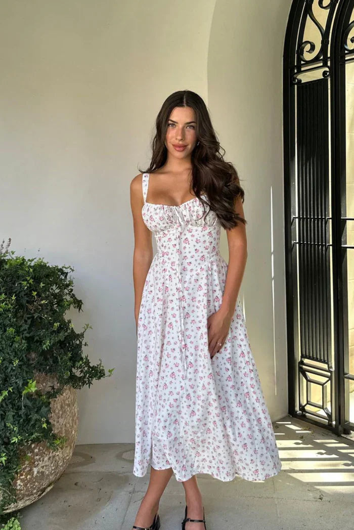NOUVEAU RICHE Korsett Midi Kleid Mit Blumenmuster Und Taillenkontur Weiß