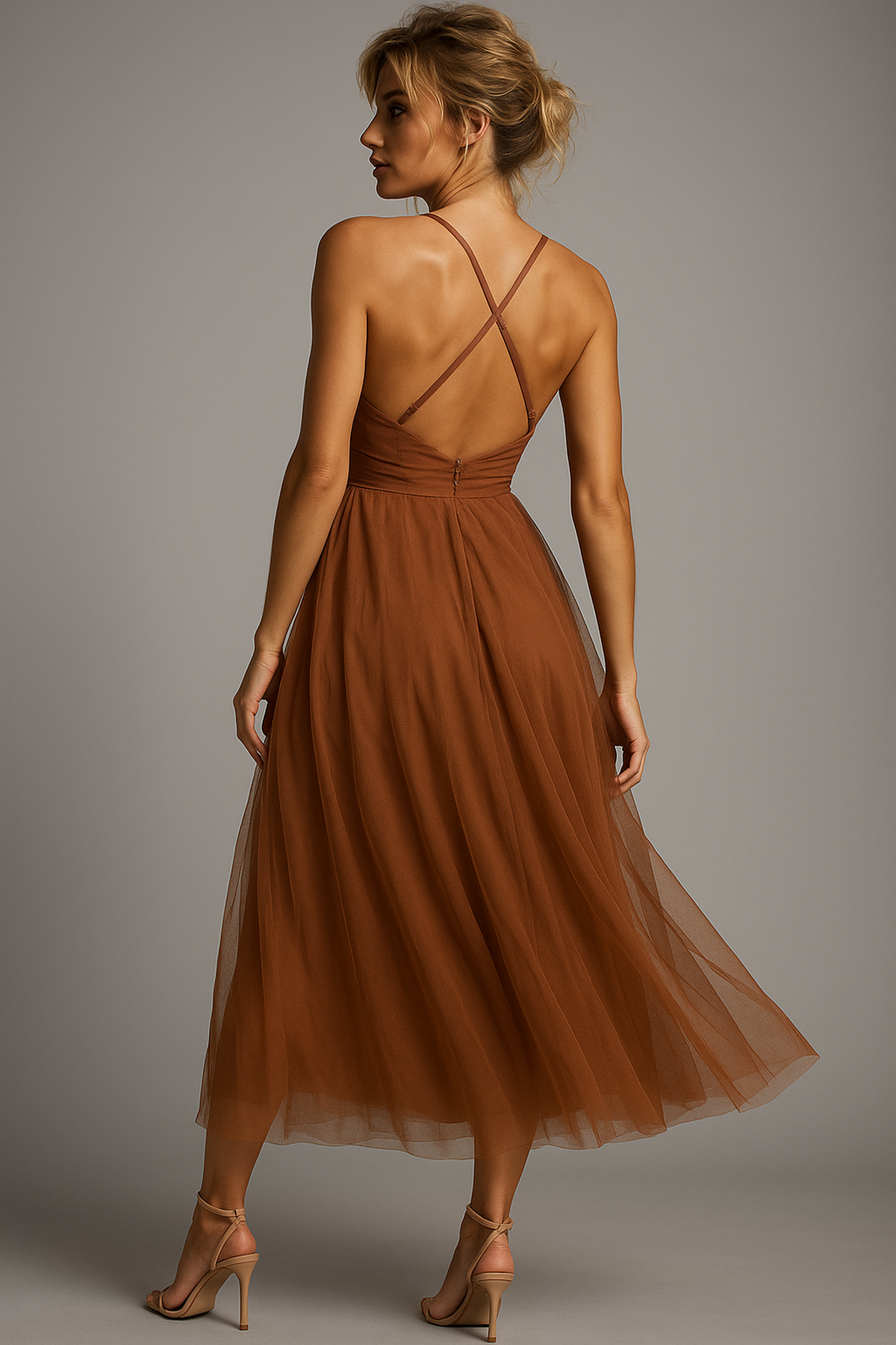 NOUVEAU RICHE Elegantes Ärmelloses Chiffon-Korsett-Midikleid mit Tüll