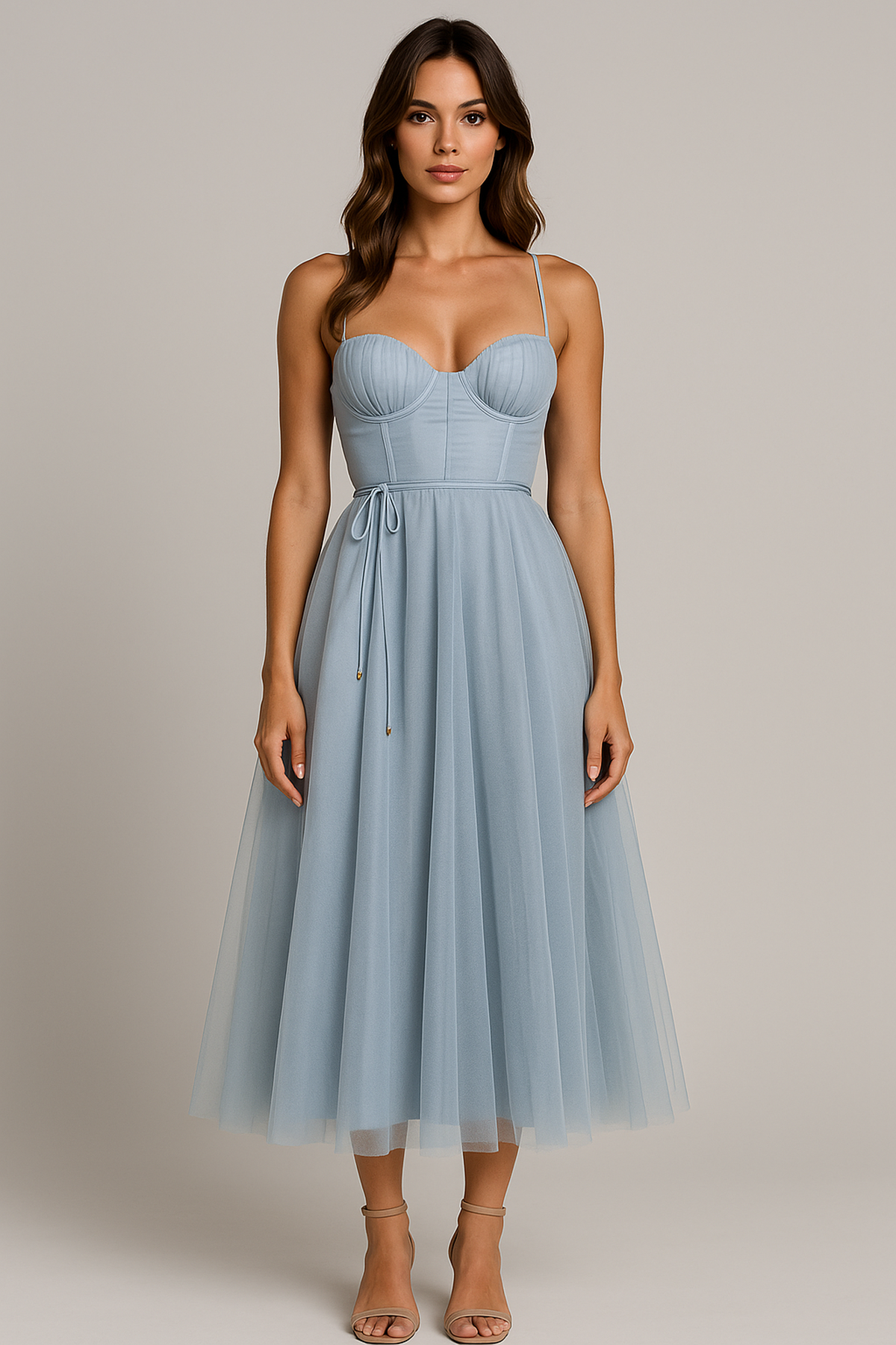 NOUVEAU RICHE Elegantes Ärmelloses Chiffon-Korsett-Midikleid mit Tüll Himmelblau