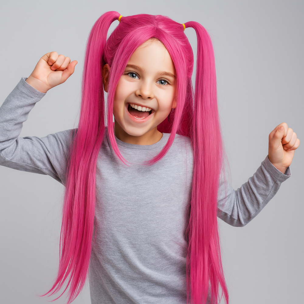 NOUVEAU RICHE Kpop Hunter Kostüm Kinder Perückenset Hitzebeständige Synthetische Fasern Cosplay Rosa Einheitsgröße (13 × 4 5