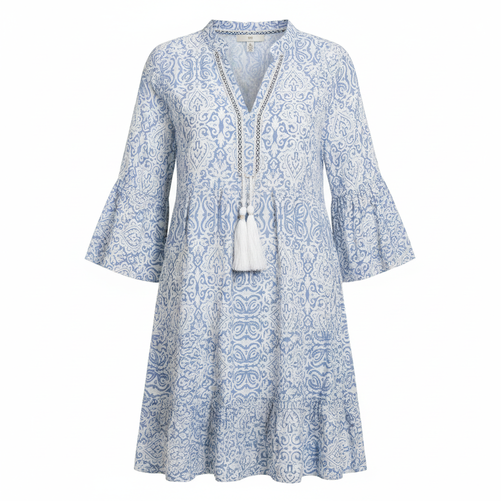 NOUVEAU RICHE Pamelo | Kurzärmeliges Minikleid für Damen mit Boho-Print | Spaltkragen Blau