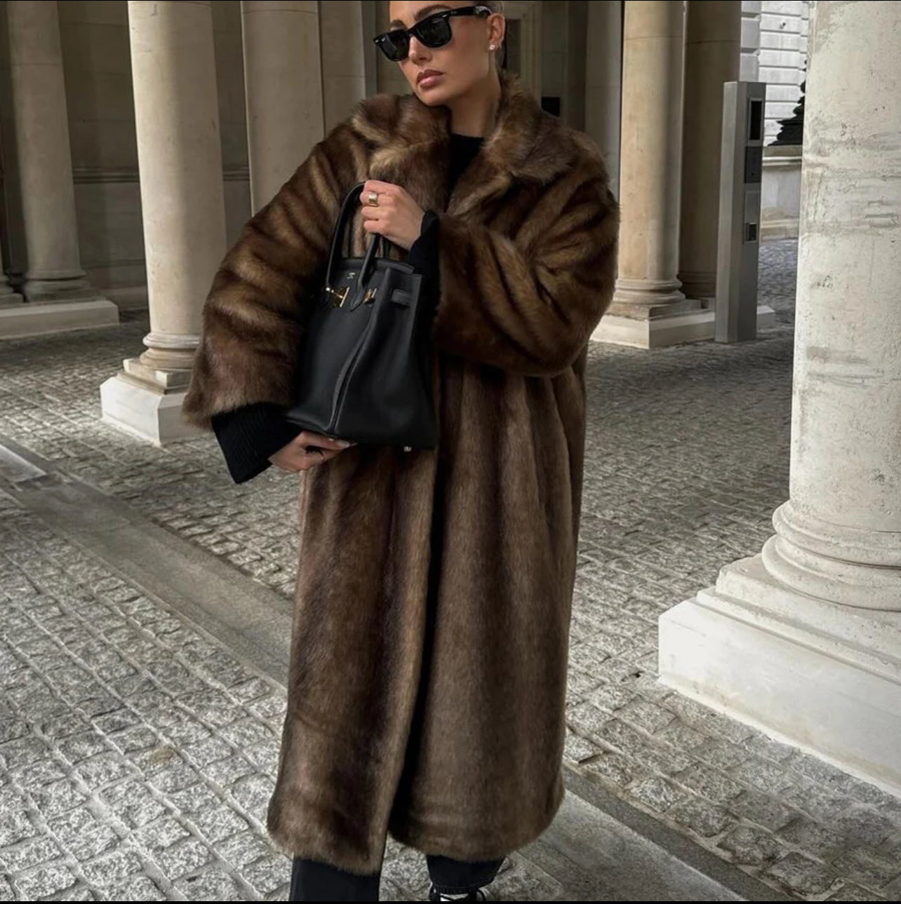 NOUVEAU RICHE Kunstpelzmantel Langer Flauschig Weich Wärme Stilvoll Damen Braun