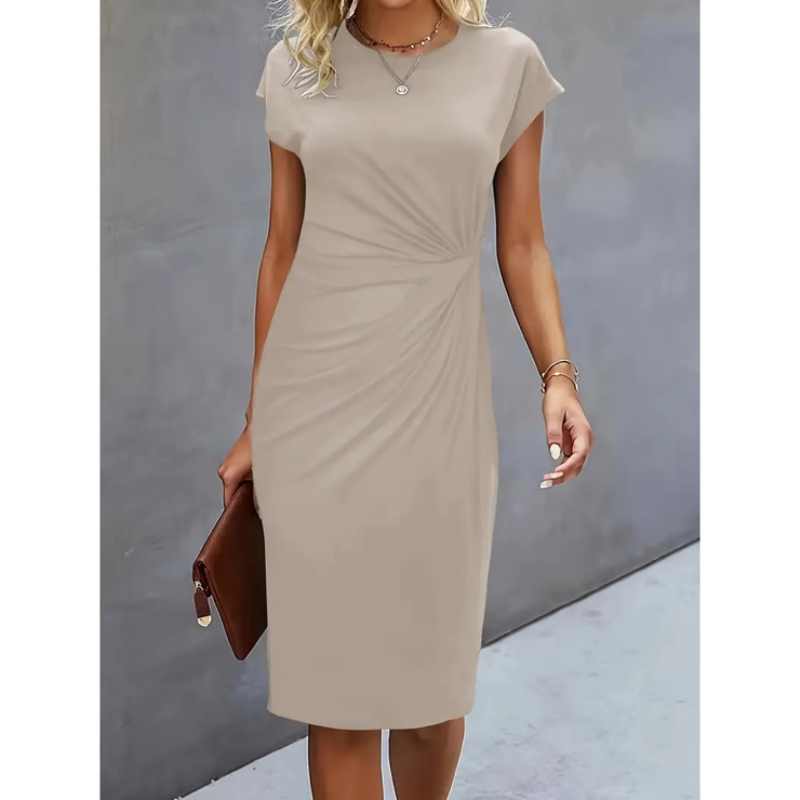 NOUVEAU RICHE Kurzärmliges Formelles Damenkleid Midi Business Elegant Beige