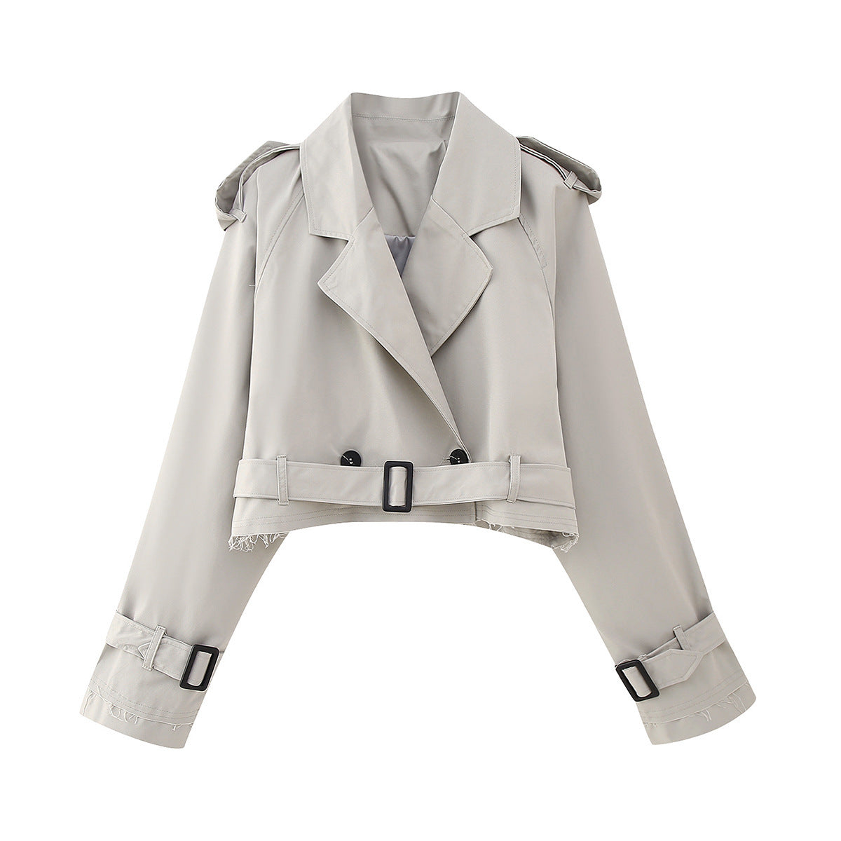 NOUVEAU RICHE Kurzer Trenchcoat für Damen – Lockere Passform – Zweireihig – Manschetten mit Gürtel – Kastenförmige Silhouette Grau