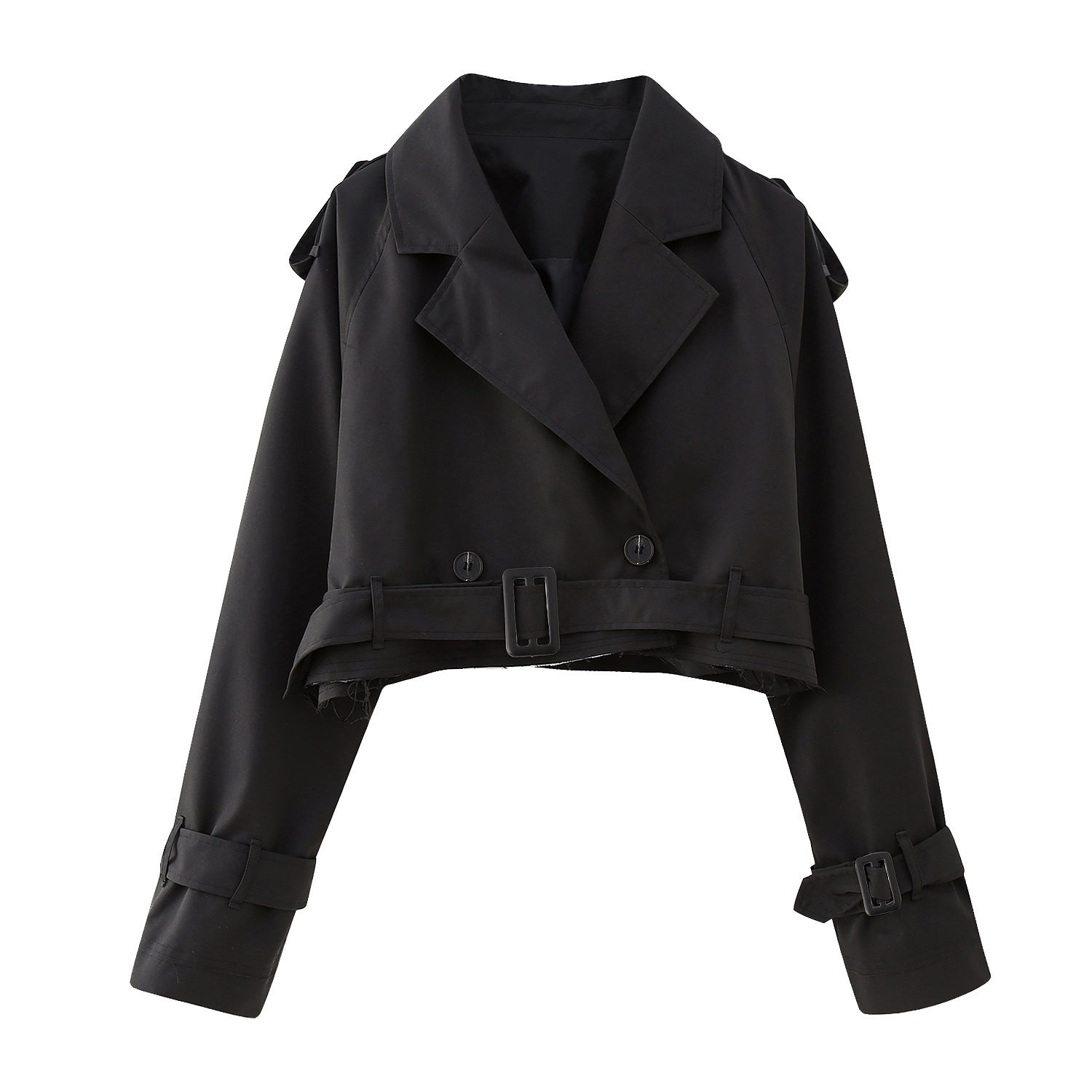 NOUVEAU RICHE Kurzer Trenchcoat für Damen – Lockere Passform – Zweireihig – Manschetten mit Gürtel – Kastenförmige Silhouette Schwarz