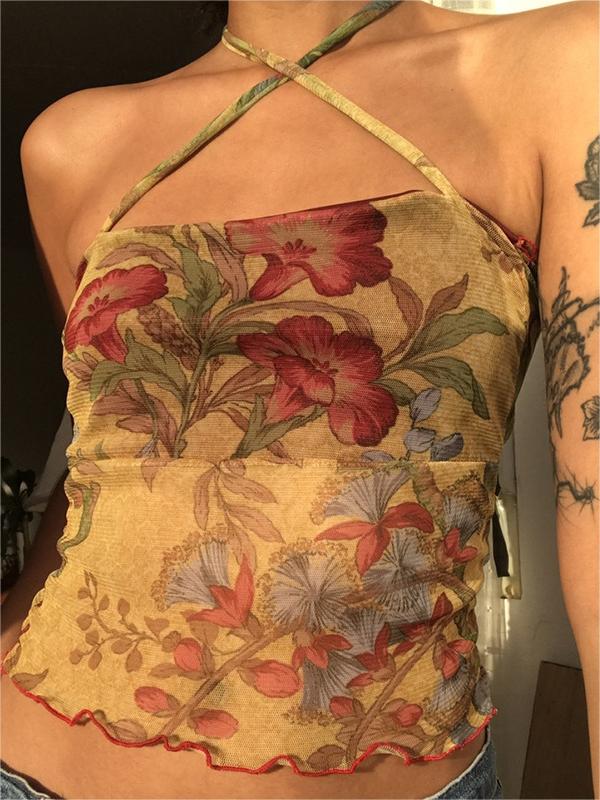 NOUVEAU RICHE Netzstoff Camisole Top Mit Blumenmuster Neckholder Slim Fit L