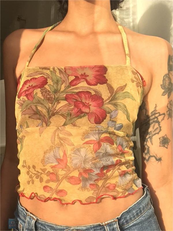 NOUVEAU RICHE Netzstoff Camisole Top Mit Blumenmuster Neckholder Slim Fit