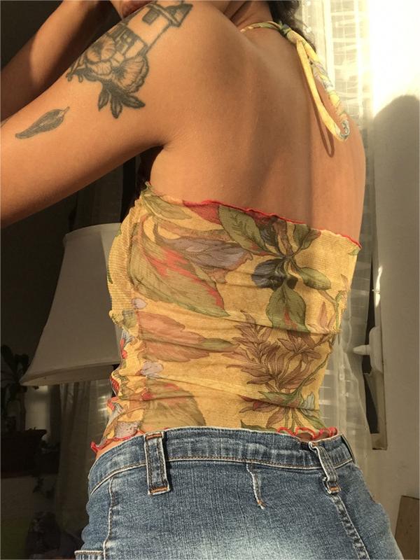 NOUVEAU RICHE Netzstoff Camisole Top Mit Blumenmuster Neckholder Slim Fit