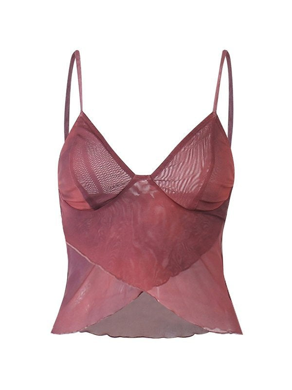 NOUVEAU RICHE Gekreuztes Netzstoff Camisole Top Mesh Slim Fit V Ausschnitt