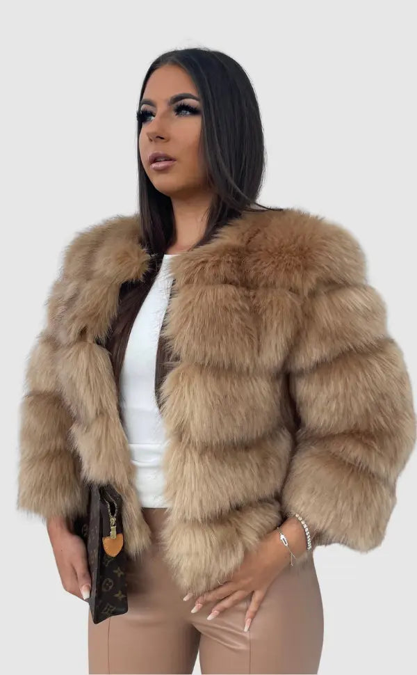 NOUVEAU RICHE Lacy | Dame Kunstfell Jacke - Eleganter Webpelz Mantel & Kurzjacke aus Fake Fur Braun