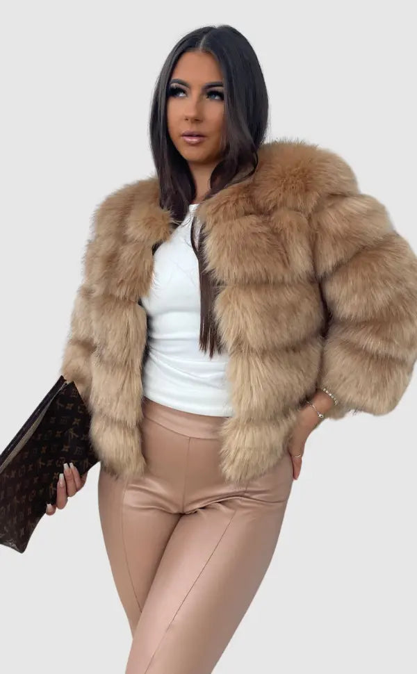 NOUVEAU RICHE Lacy | Dame Kunstfell Jacke - Eleganter Webpelz Mantel & Kurzjacke aus Fake Fur
