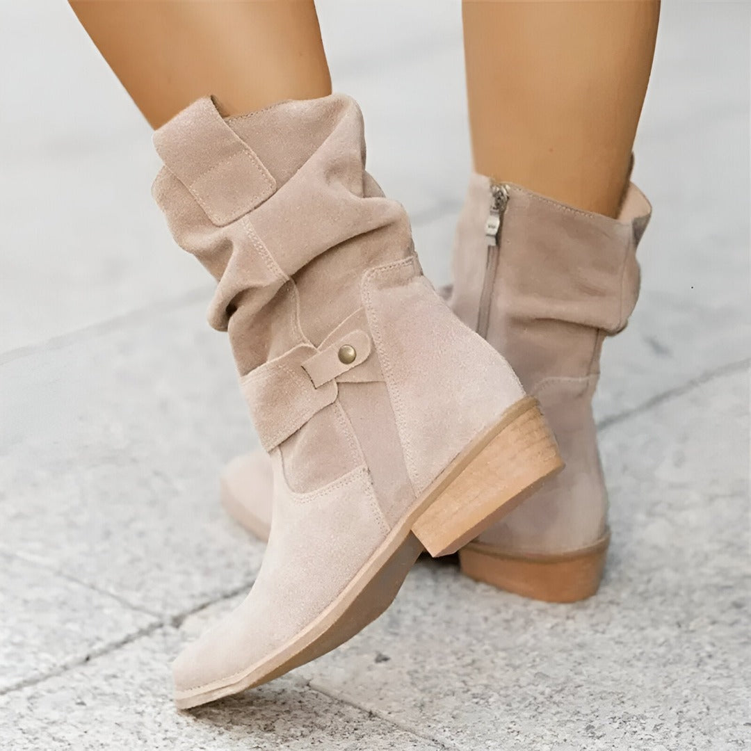 NOUVEAU RICHE Damen Stiefel Kunstwildleder Kurz Plüsch Warm Weich Fußbett Beige