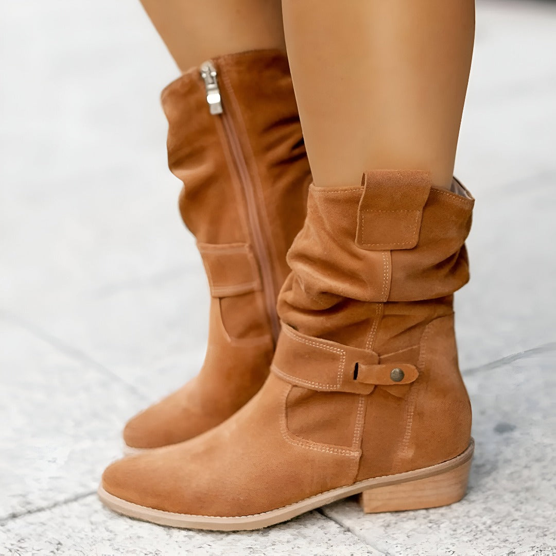 NOUVEAU RICHE Damen Stiefel Kunstwildleder Kurz Plüsch Warm Weich Fußbett Dunkelbraun